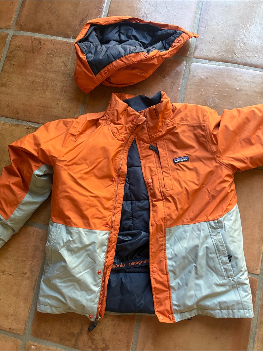 Patagonia Kids Orange and Cream Puffer Jacket with Removable Hood